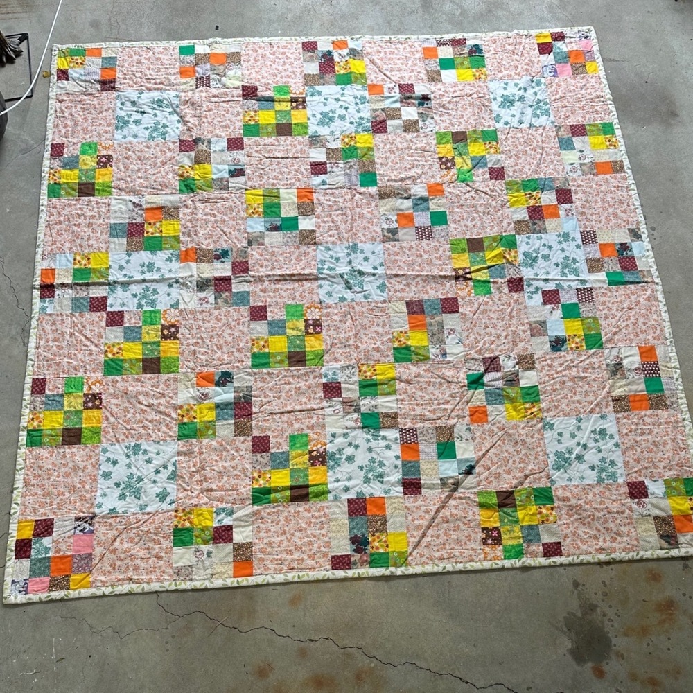 Handmade Patchwork Quilt and Runner Set Floral Green Orange 91x91 Cottagecore